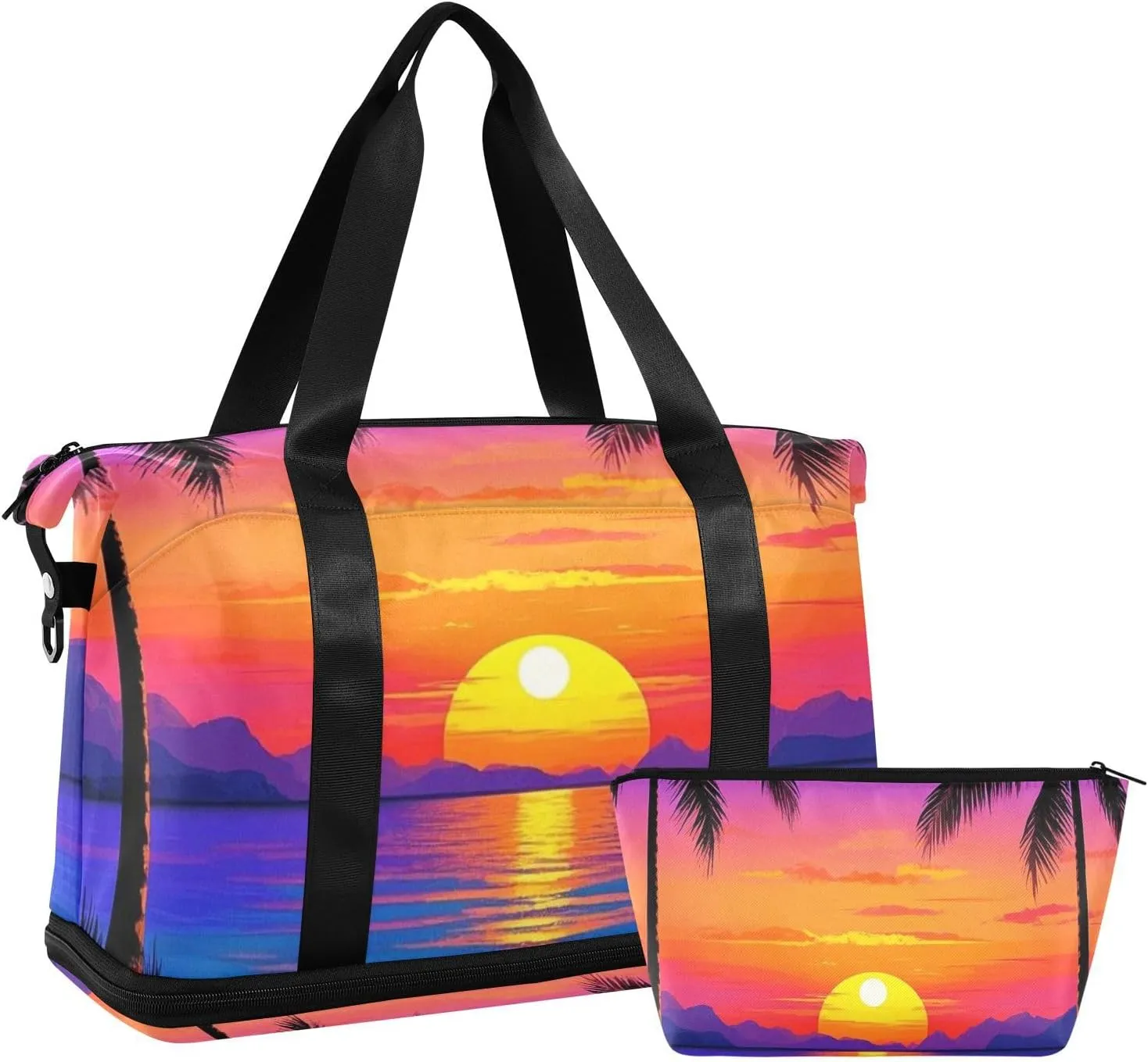 Sunset Coconut Beach Summer Gym Sports Duffel Bags Carry on Weekender Overnight Bag with Toiletry Bag for Trip 2 Pcs Set