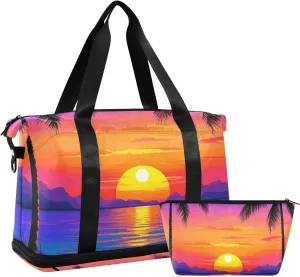Sunset Coconut Beach Summer Gym Sports Duffel Bags Carry on Weekender Overnight Bag with Toiletry Bag for Trip 2 Pcs Set