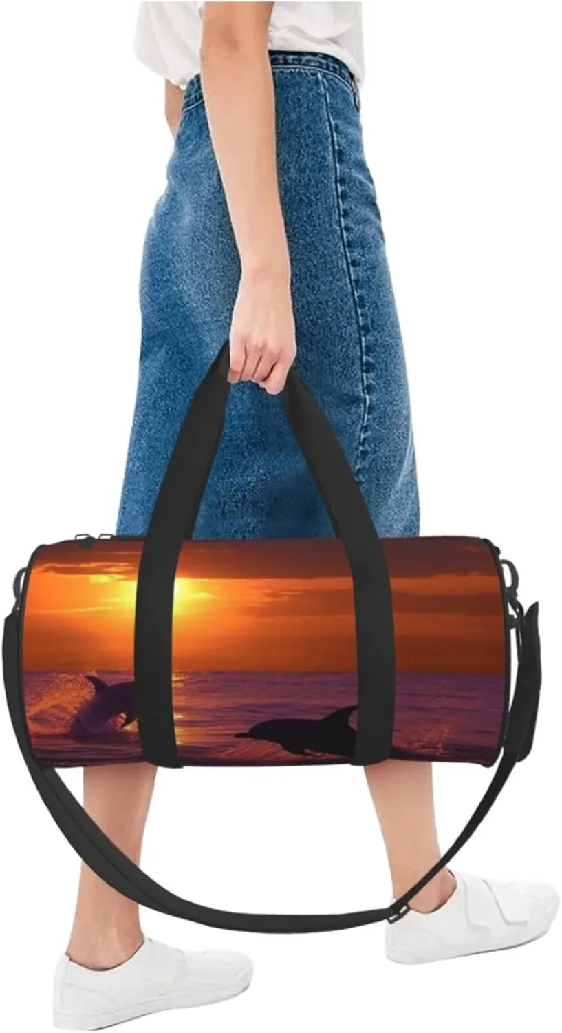 Sunset dolphins Travel Duffle Bag for Men Women Sport Gym Bag Foldable Weekender Bag Carry on Overnight Bag for Travel Swimming Basketball