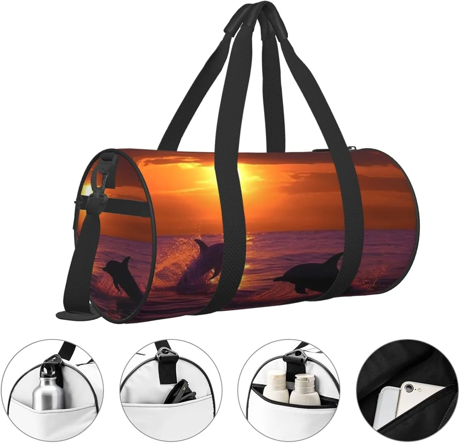 Sunset dolphins Travel Duffle Bag for Men Women Sport Gym Bag Foldable Weekender Bag Carry on Overnight Bag for Travel Swimming Basketball