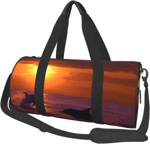 Sunset dolphins Travel Duffle Bag for Men Women Sport Gym Bag Foldable Weekender Bag Carry on Overnight Bag for Travel Swimming Basketball