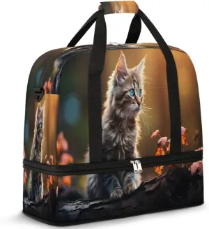 Sunset Forest Kitten Travel Duffel Bag, Travel Essentials, Gym Bag for Women, Weekender Overnight Bag With Shoes Compartment, Carry On Bags for Airplanes