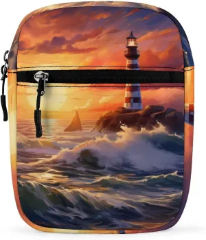 Sunset Lighthouse Seaside Scene Small Crossbody Bag Lightweight Satchel Bag Tote Bag Mini Handbag for Men Women