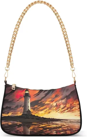 Sunset Lighthouse Shoulder Bag for Women, Handbag with Chain Strap, Soft Purse Tote Bag for Ladies