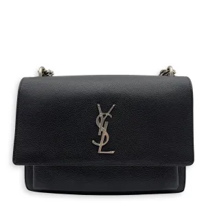 Sunset Medium Black Shoulder Bag in Calfskin, Silver hardware