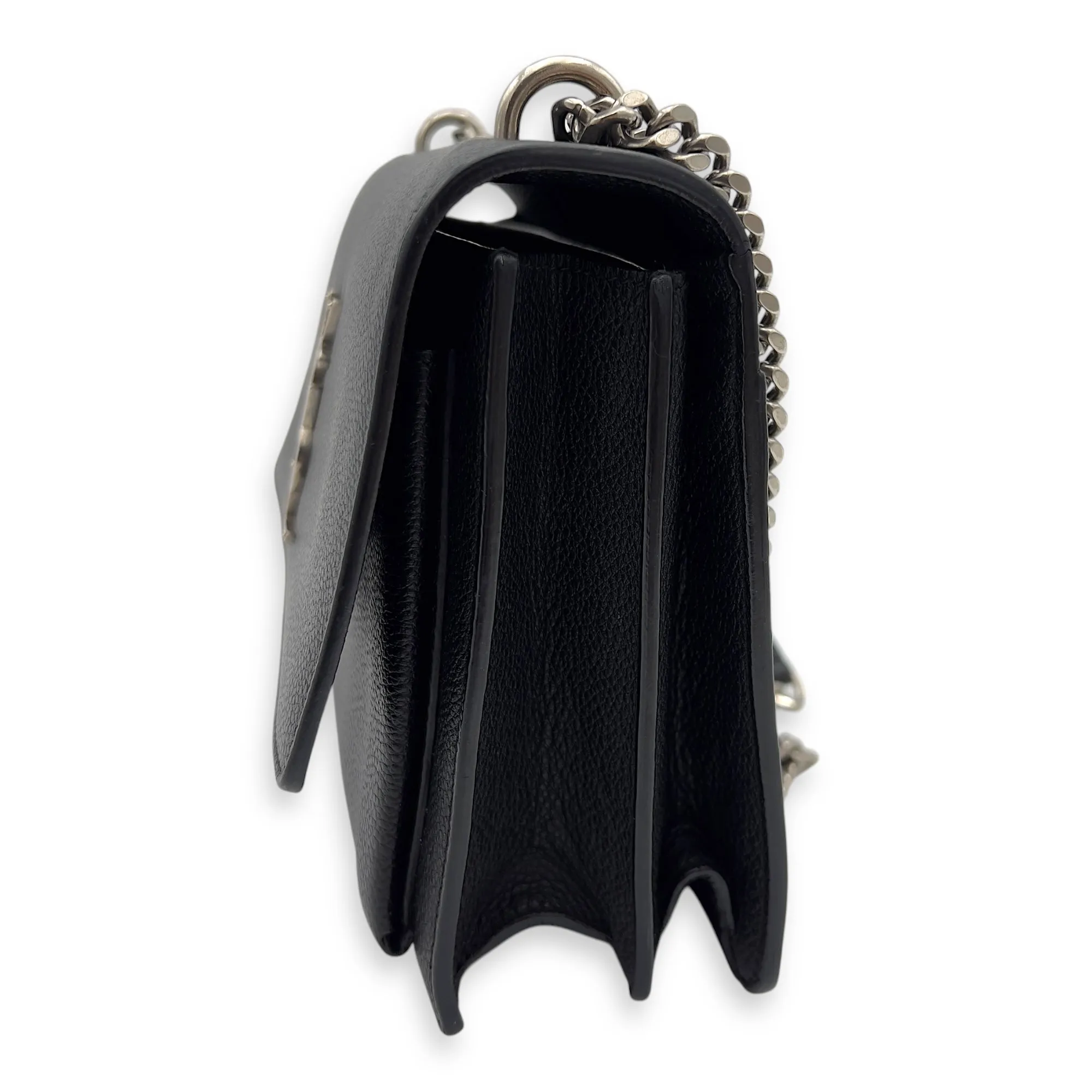 Sunset Medium Black Shoulder Bag in Calfskin, Silver hardware