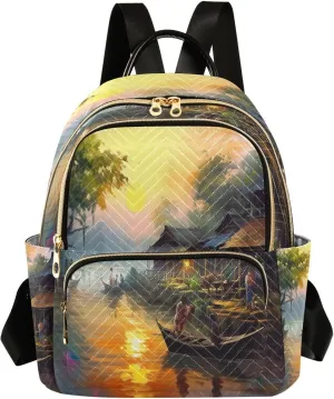 Sunset Old Village River Backpack Purse for Women Fashion Small Mini Daypack Purse for Lady Anti-theft Shoulder Bag Back Pack Weekend Bag