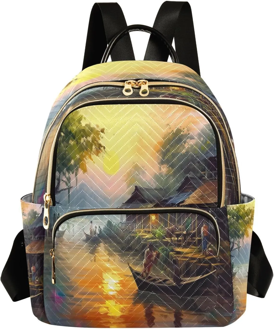 Sunset Old Village River Backpack Purse for Women Fashion Small Mini Daypack Purse for Lady Anti-theft Shoulder Bag Back Pack Weekend Bag