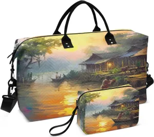 Sunset Old Village River Sports Gym Bag for Women Men Travel Duffel Bag Weekend Overnight Carry on Bag with Toiletry Bag Air Travel Bag for Workout Swimming Yoga Plane Hospital