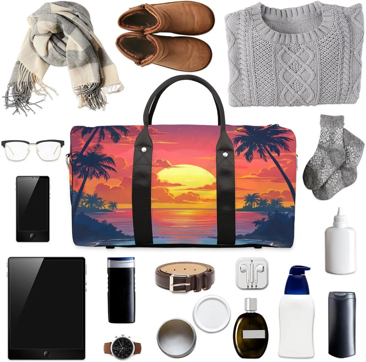 Sunset Scenery Travel Duffle Bag for Women Men Gym Duffel Foldable Bag Waterproof Weekender Nature Sea Duffle Tote