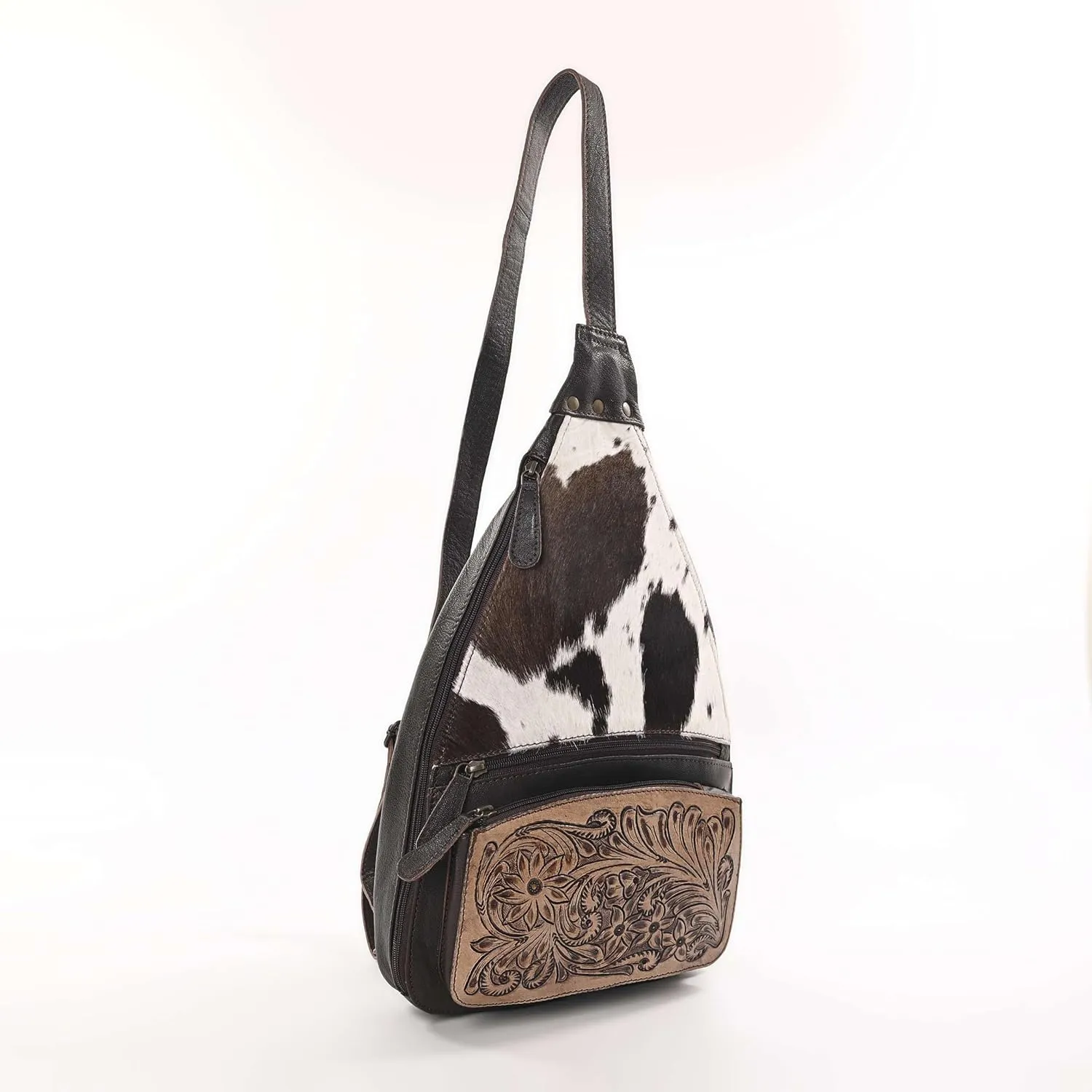 Sunset Serenade Sling Cowhide Hair on Crossbody Bag - Hand Tooled Unisex Sling Backpack