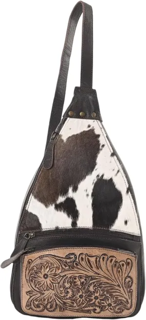 Sunset Serenade Sling Cowhide Hair on Crossbody Bag - Hand Tooled Unisex Sling Backpack