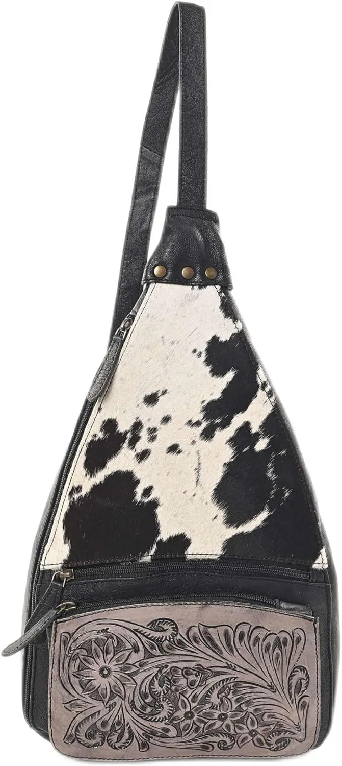 Sunset Serenade Sling Cowhide Hair on Crossbody Bag - Hand Tooled Unisex Sling Backpack