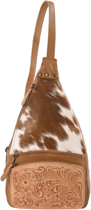 Sunset Serenade Sling Cowhide Hair on Crossbody Bag - Hand Tooled Unisex Sling Backpack