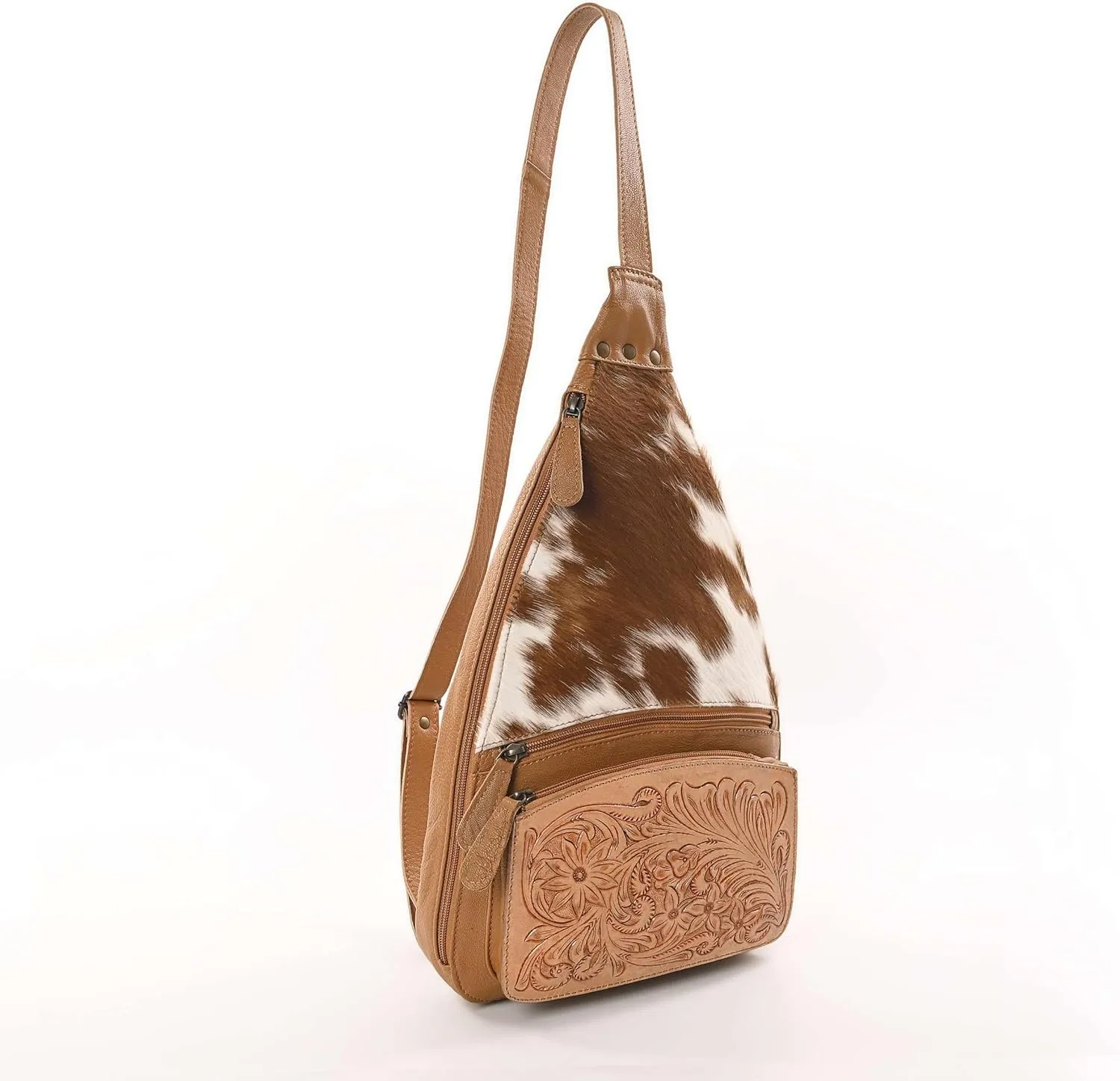 Sunset Serenade Sling Cowhide Hair on Crossbody Bag - Hand Tooled Unisex Sling Backpack