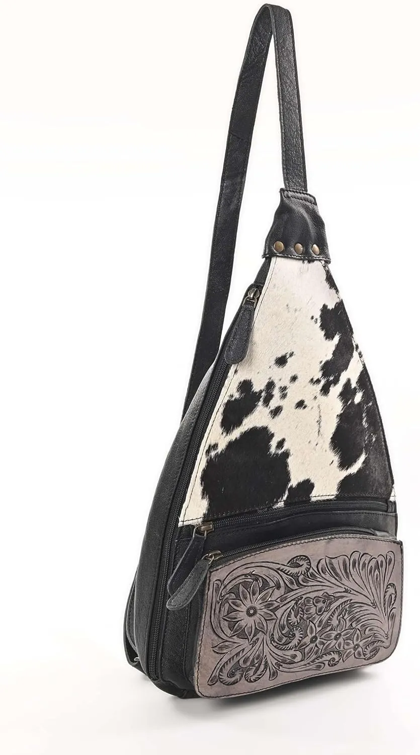Sunset Serenade Sling Cowhide Hair on Crossbody Bag - Hand Tooled Unisex Sling Backpack