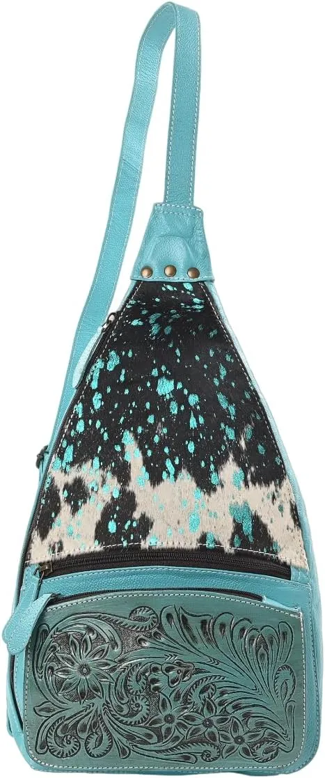 Sunset Serenade Sling Cowhide Hair on Crossbody Bag - Hand Tooled Unisex Sling Backpack