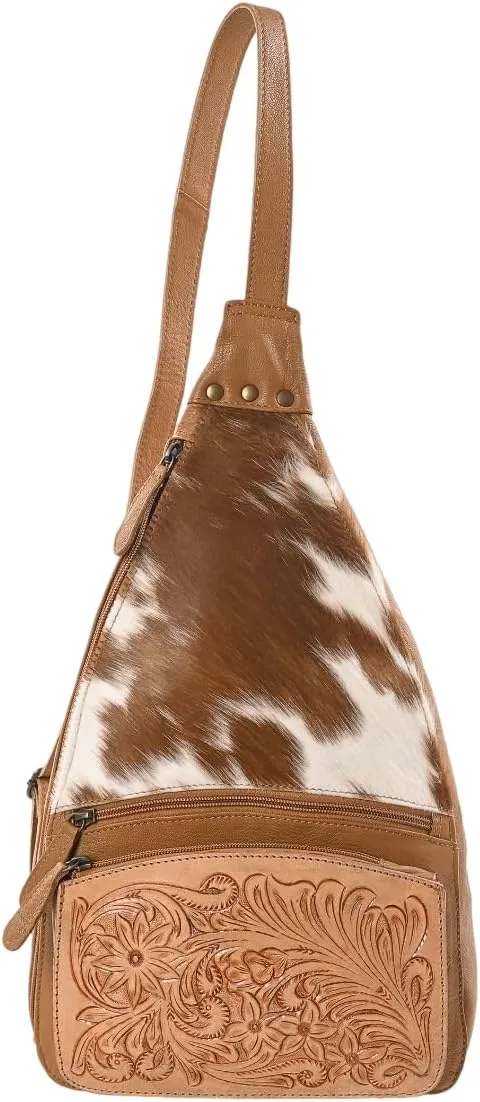 Sunset Serenade Sling Cowhide Hair on Crossbody Bag - Hand Tooled Unisex Sling Backpack