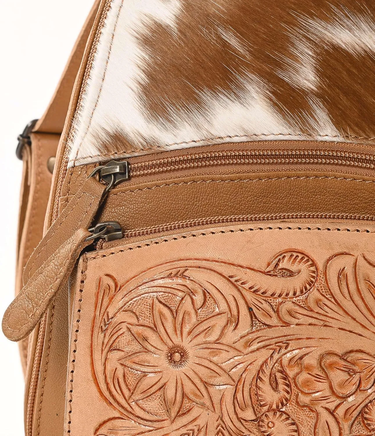 Sunset Serenade Sling Cowhide Hair on Crossbody Bag - Hand Tooled Unisex Sling Backpack