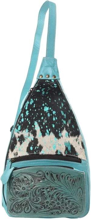 Sunset Serenade Sling Cowhide Hair on Crossbody Bag - Hand Tooled Unisex Sling Backpack