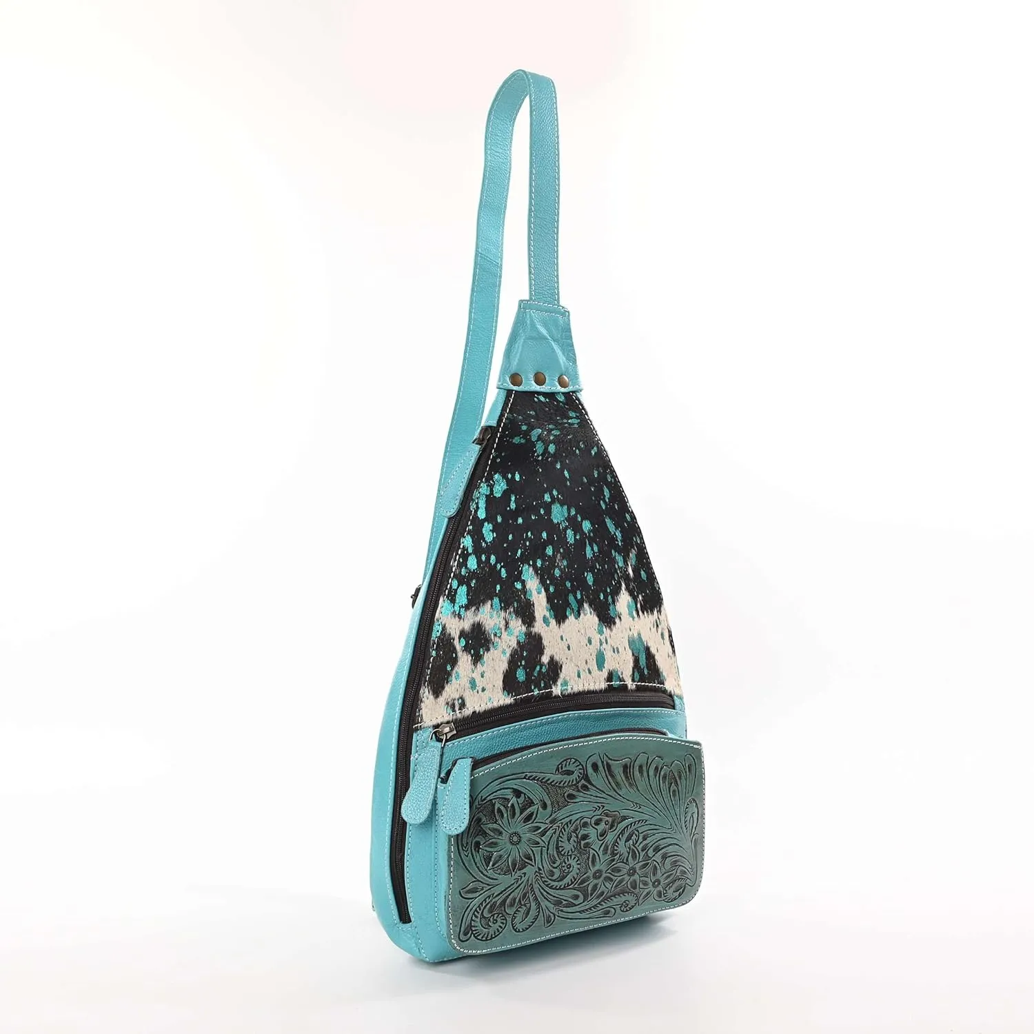 Sunset Serenade Sling Cowhide Hair on Crossbody Bag - Hand Tooled Unisex Sling Backpack