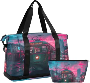 Sunset Streetcar Pattern Gym Bag - Weekender Overnight Bags for Women Men, Sport Travel Duffel Bag with Wet Pocket & Shoe Compartment