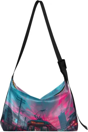 Sunset Streetcar Pattern Shoulder Bag for Women Waterproof PU Leather Hobo Bags Crossbody Purse with Zipper Closure