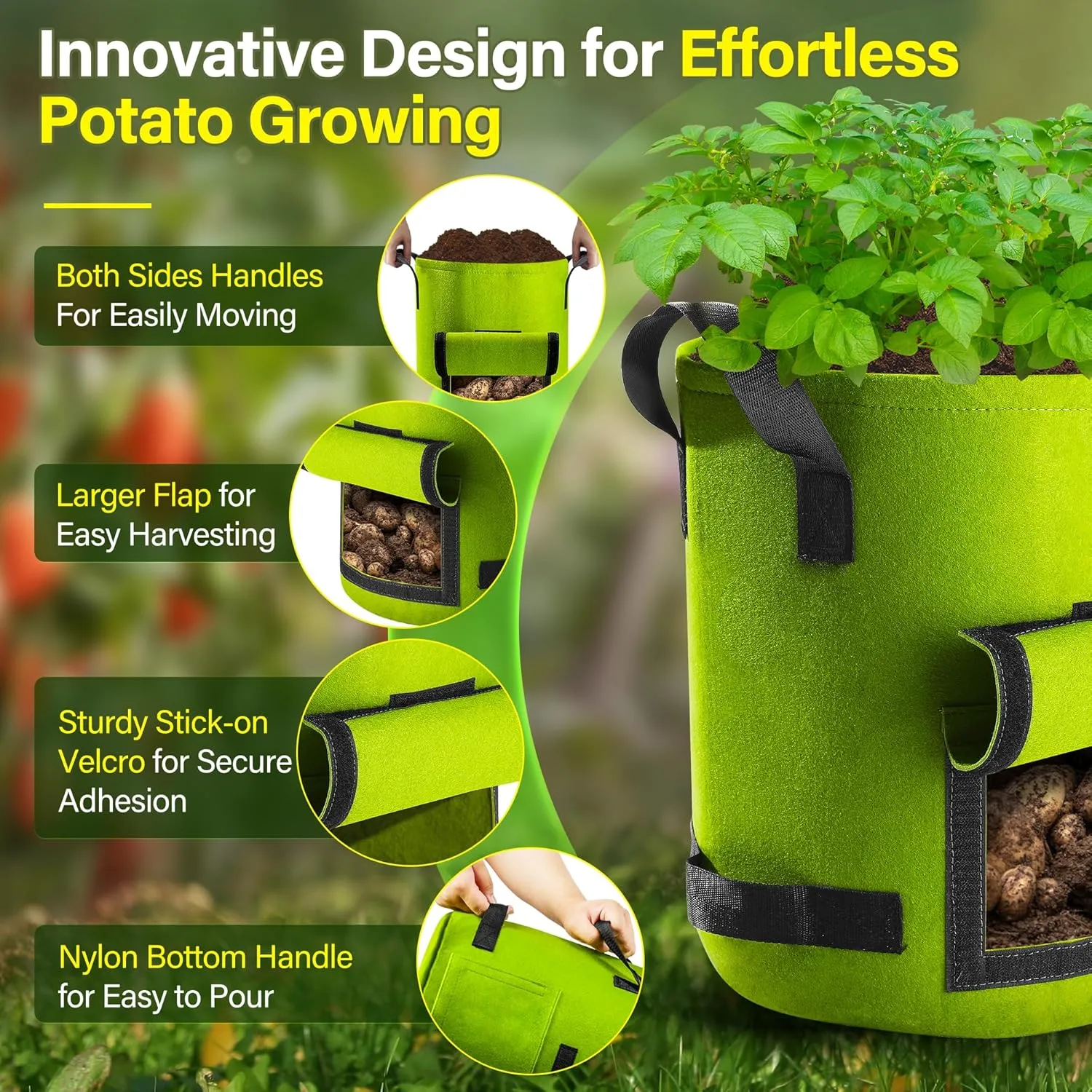 Suntee 6 Pack 10 Gallon Potato Grow Bags with Flap, Thickened Nonwoven Fabric Grow Bags for Growing Potatoes, Colorful Plant Grow Bags Pots Gardening Vegetable Potato Growing Bags with Durable Handles