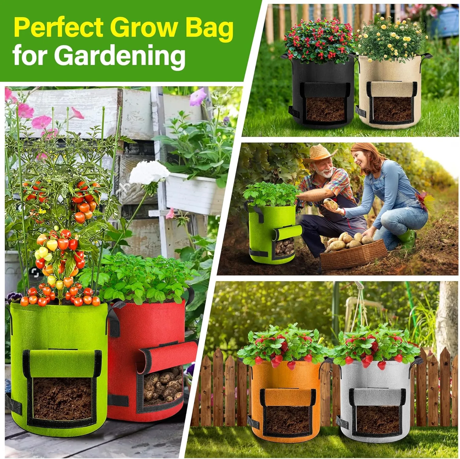 Suntee 6 Pack 10 Gallon Potato Grow Bags with Flap, Thickened Nonwoven Fabric Grow Bags for Growing Potatoes, Colorful Plant Grow Bags Pots Gardening Vegetable Potato Growing Bags with Durable Handles