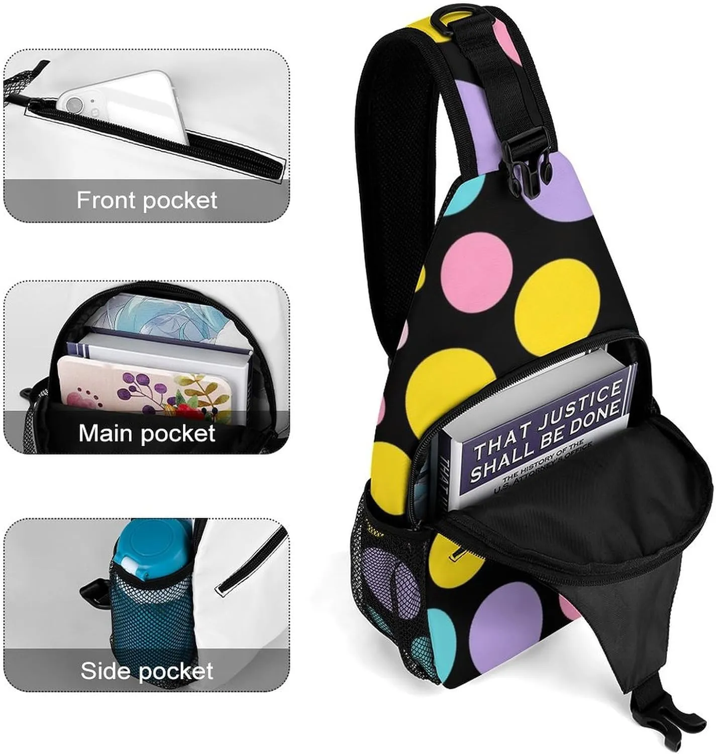 Supdreamc Casual Sling Bag Backpack, Daypack, Colorful Polka Dot Art Shoulder Chest Crossbody Bag, Bookbag, Travel Backpack Camping Outdoor Bag for Man/Women/College