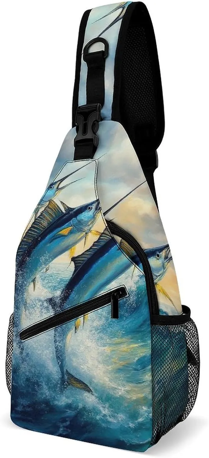 Supdreamc Men & Women Sling Backpack Outdoor Sport Daypack Travel Bag - Anti-Theft Multipurpose Tactical Satchel, Whimsical Fish Painting Handy Chest Bag Rucksack Backpack