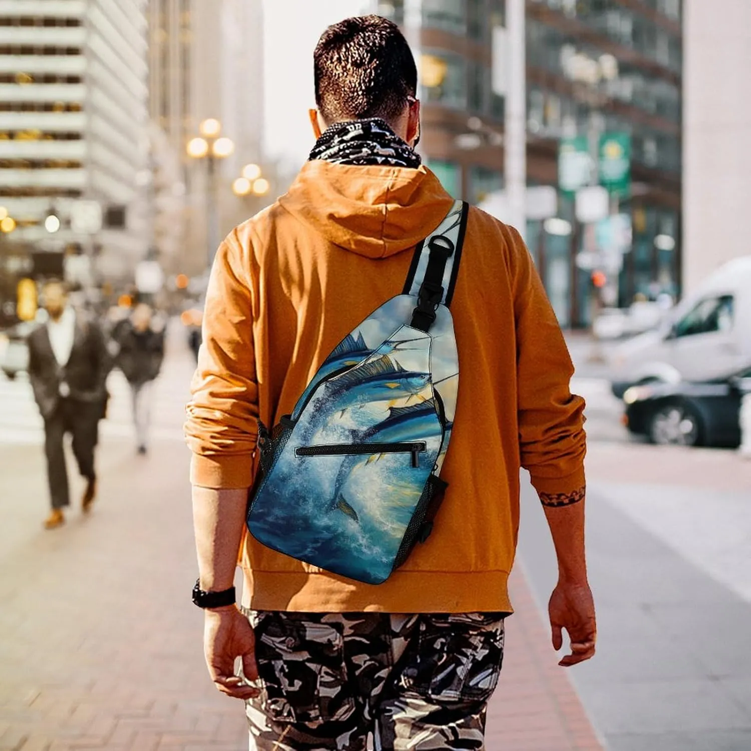 Supdreamc Men & Women Sling Backpack Outdoor Sport Daypack Travel Bag - Anti-Theft Multipurpose Tactical Satchel, Whimsical Fish Painting Handy Chest Bag Rucksack Backpack