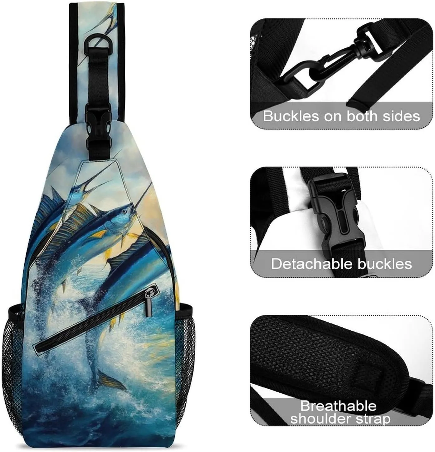 Supdreamc Men & Women Sling Backpack Outdoor Sport Daypack Travel Bag - Anti-Theft Multipurpose Tactical Satchel, Whimsical Fish Painting Handy Chest Bag Rucksack Backpack