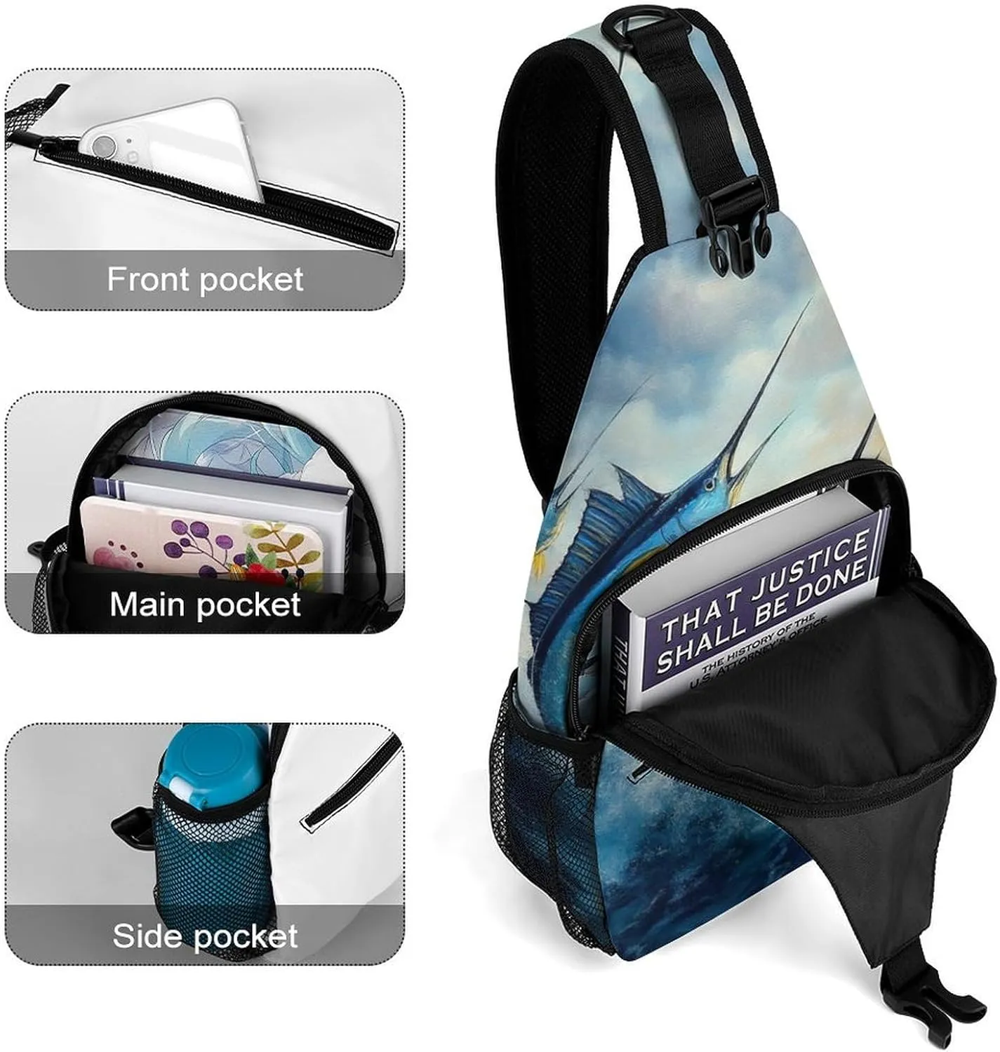 Supdreamc Men & Women Sling Backpack Outdoor Sport Daypack Travel Bag - Anti-Theft Multipurpose Tactical Satchel, Whimsical Fish Painting Handy Chest Bag Rucksack Backpack