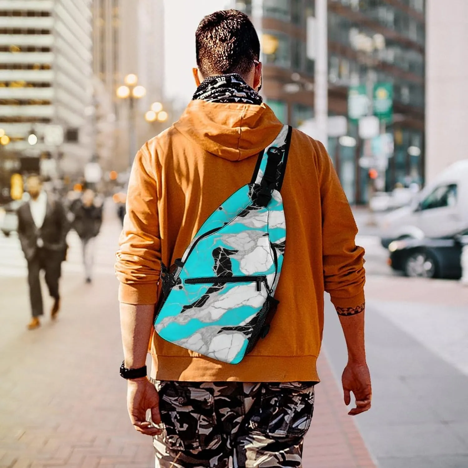 Supdreamc Sling Bag Backpack for Men Women Multipurpose Anti-Theft Outdoor Sport Daypack Travel Bag Tactical Satchel, Blue Marble Turquoise Luxury Texture Art Chest Day Backpack