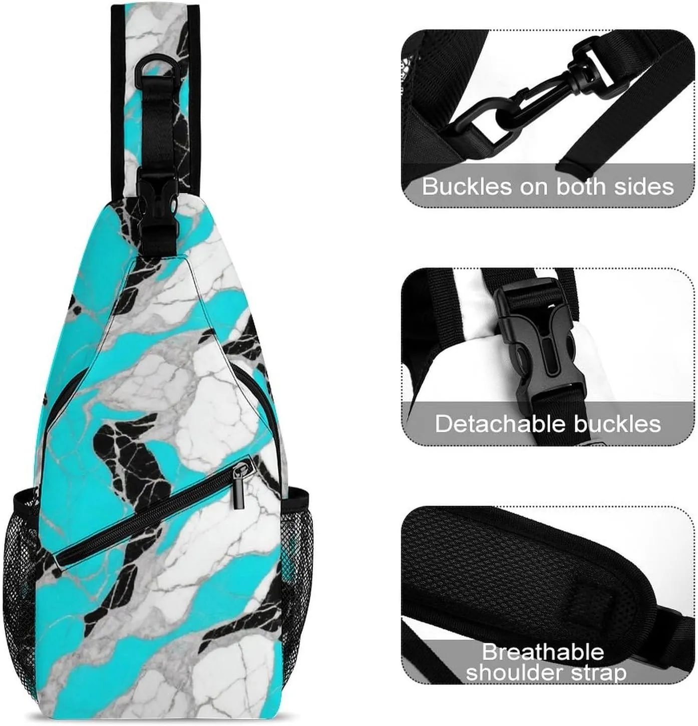 Supdreamc Sling Bag Backpack for Men Women Multipurpose Anti-Theft Outdoor Sport Daypack Travel Bag Tactical Satchel, Blue Marble Turquoise Luxury Texture Art Chest Day Backpack