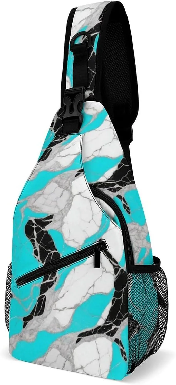 Supdreamc Sling Bag Backpack for Men Women Multipurpose Anti-Theft Outdoor Sport Daypack Travel Bag Tactical Satchel, Blue Marble Turquoise Luxury Texture Art Chest Day Backpack