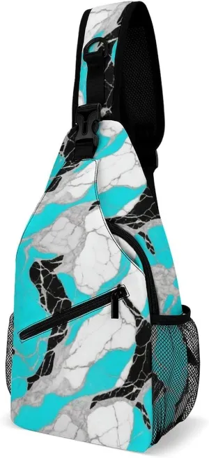 Supdreamc Sling Bag Backpack for Men Women Multipurpose Anti-Theft Outdoor Sport Daypack Travel Bag Tactical Satchel, Blue Marble Turquoise Luxury Texture Art Chest Day Backpack