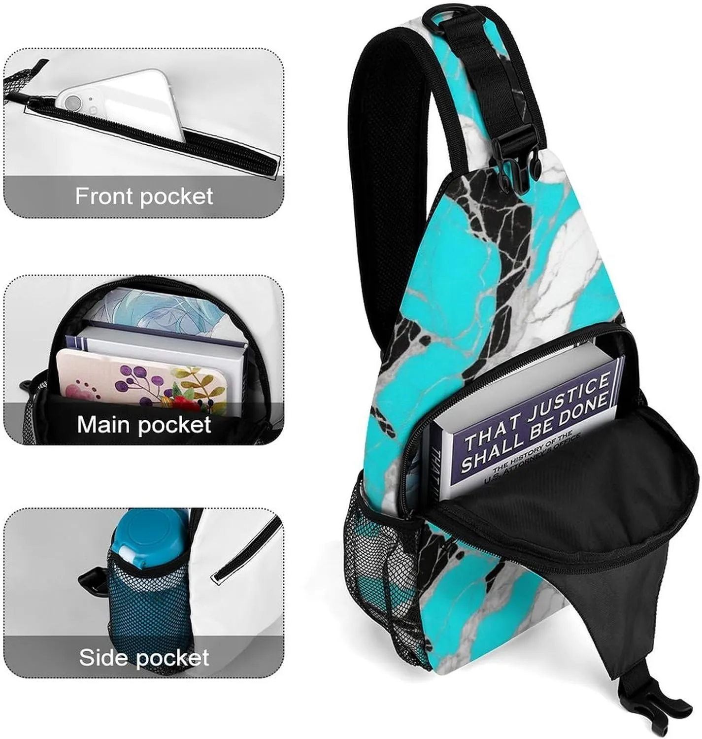 Supdreamc Sling Bag Backpack for Men Women Multipurpose Anti-Theft Outdoor Sport Daypack Travel Bag Tactical Satchel, Blue Marble Turquoise Luxury Texture Art Chest Day Backpack