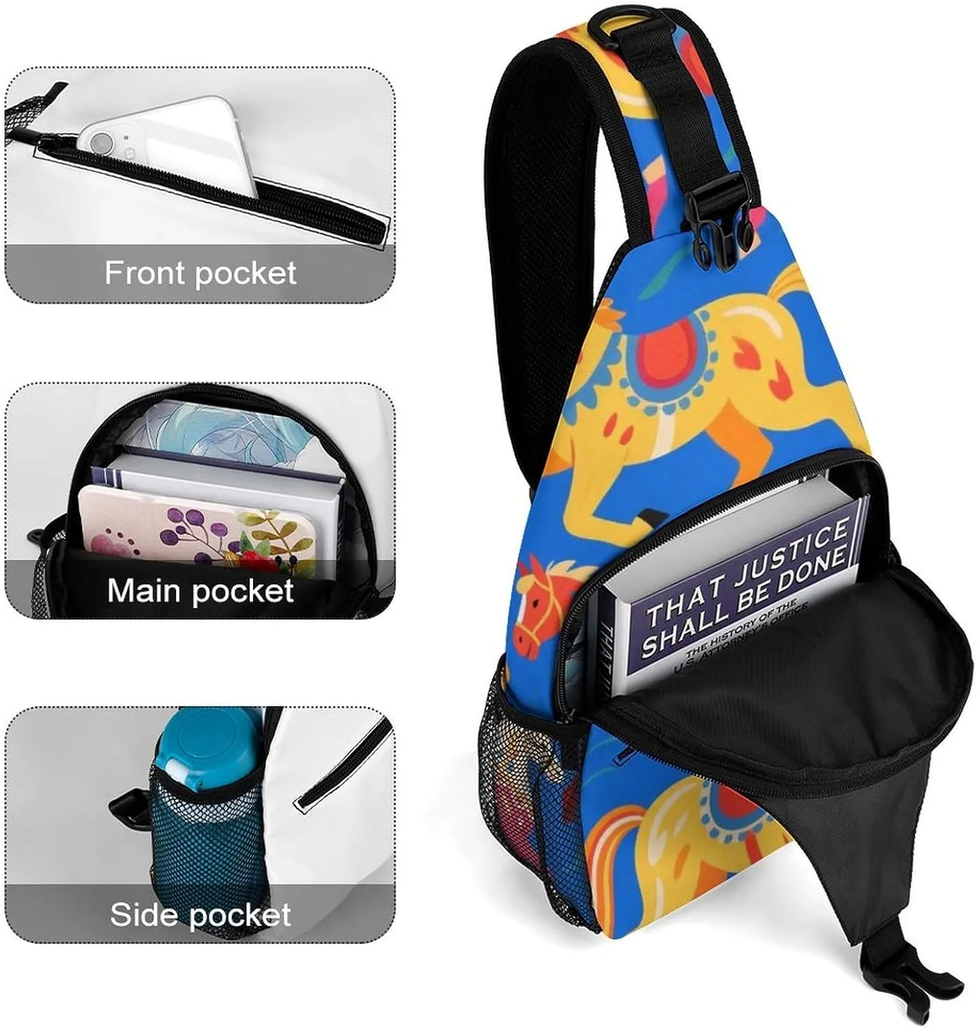 Supdreamc Ultra Lightweight Sling Backpack Cross Body Sling Backpack Multipurpose Anti-Theft Bag for Hiking Cycling Walking Dog Bicycle Travel, Dala Horse Art