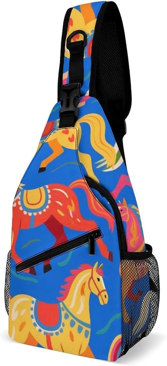 Supdreamc Ultra Lightweight Sling Backpack Cross Body Sling Backpack Multipurpose Anti-Theft Bag for Hiking Cycling Walking Dog Bicycle Travel, Dala Horse Art