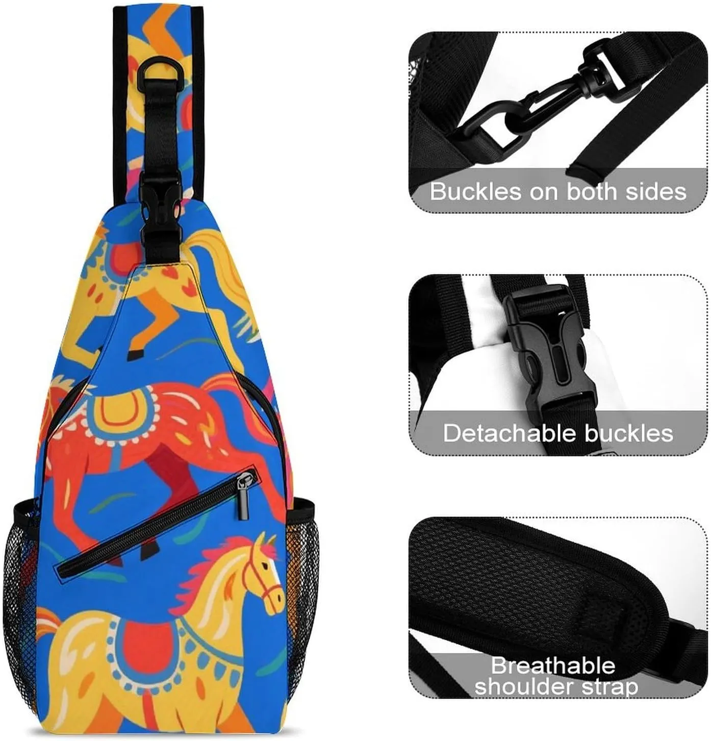 Supdreamc Ultra Lightweight Sling Backpack Cross Body Sling Backpack Multipurpose Anti-Theft Bag for Hiking Cycling Walking Dog Bicycle Travel, Dala Horse Art