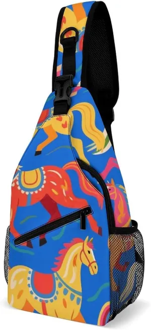 Supdreamc Ultra Lightweight Sling Backpack Cross Body Sling Backpack Multipurpose Anti-Theft Bag for Hiking Cycling Walking Dog Bicycle Travel, Dala Horse Art
