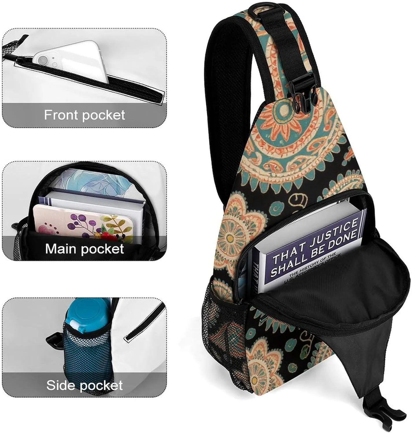 Supdreamc Ultra Lightweight Sling Bag Backpack Chest Day Bag Multipurpose Anti-Theft Backpacking for Outdoor Cycling Hiking Travel, Tool Backpack (Colorful Flowers Leaves Paisley Art)