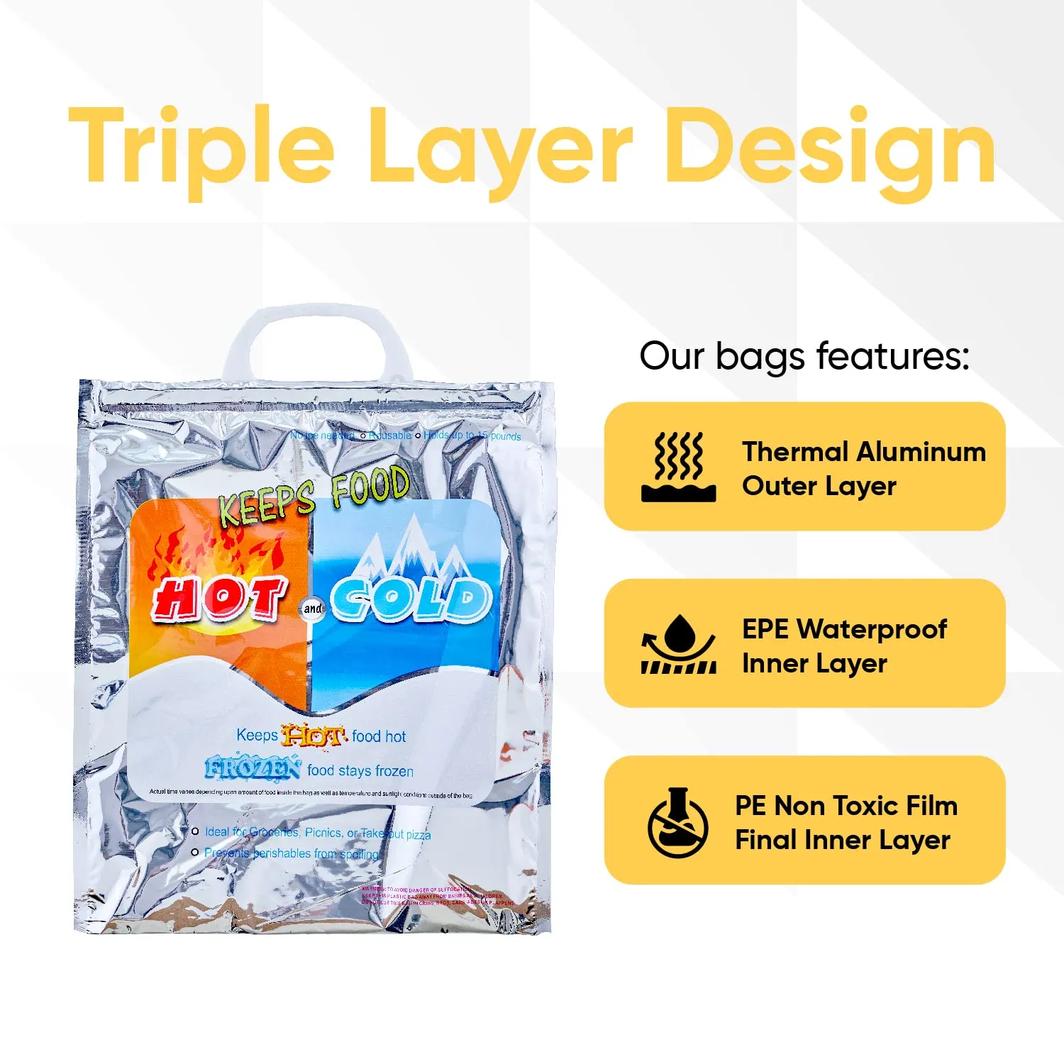 Superio Hot and Cold Insulated Bags for Food Delivery, Grocery Shopping Bags, Food Storage for Hot and Frozen Food for Travel, Disposable Cooler Bag, Reinforced Thermal Lunch Bag (10, 15.5"x13")