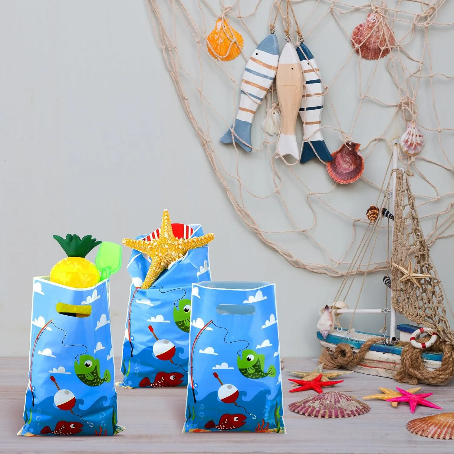 Supervitae 100 Pcs Little Fisherman Party Favors Bags Bulk 8 x 11.8 Inch Plastic Candy Cookies Treat Goody Bags with Handles for Birthday Theme Party Gift Decoration Favor Supplies