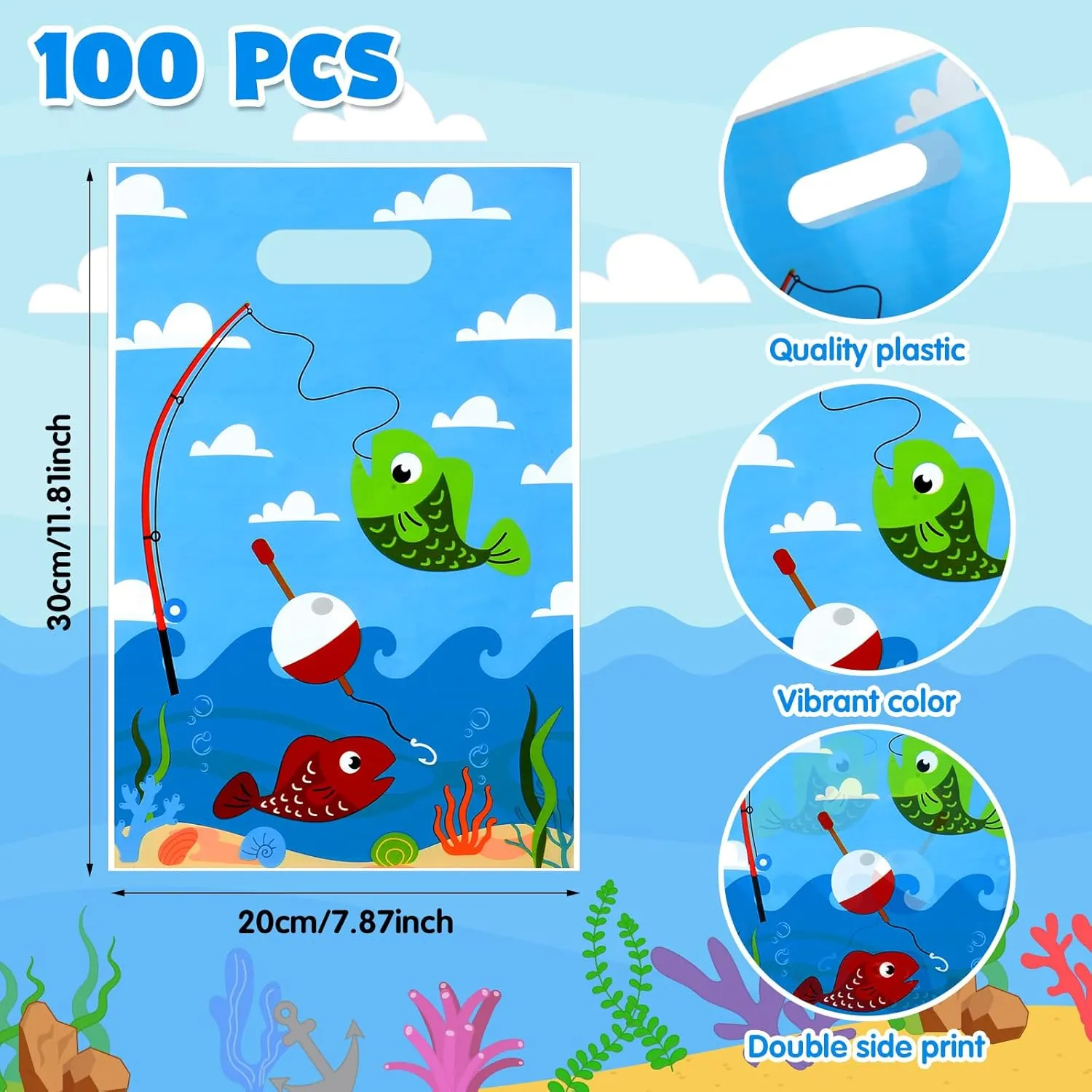 Supervitae 100 Pcs Little Fisherman Party Favors Bags Bulk 8 x 11.8 Inch Plastic Candy Cookies Treat Goody Bags with Handles for Birthday Theme Party Gift Decoration Favor Supplies