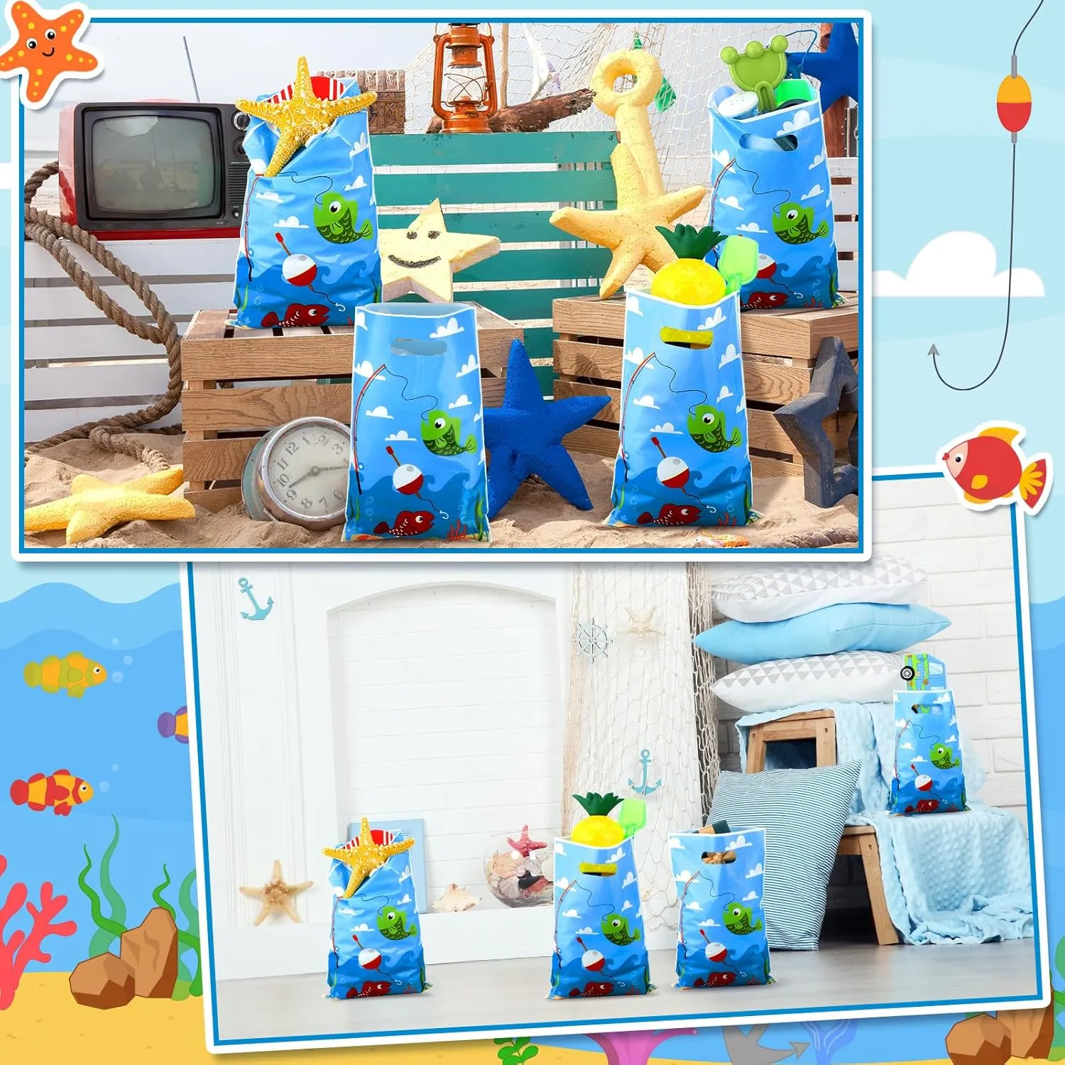 Supervitae 100 Pcs Little Fisherman Party Favors Bags Bulk 8 x 11.8 Inch Plastic Candy Cookies Treat Goody Bags with Handles for Birthday Theme Party Gift Decoration Favor Supplies