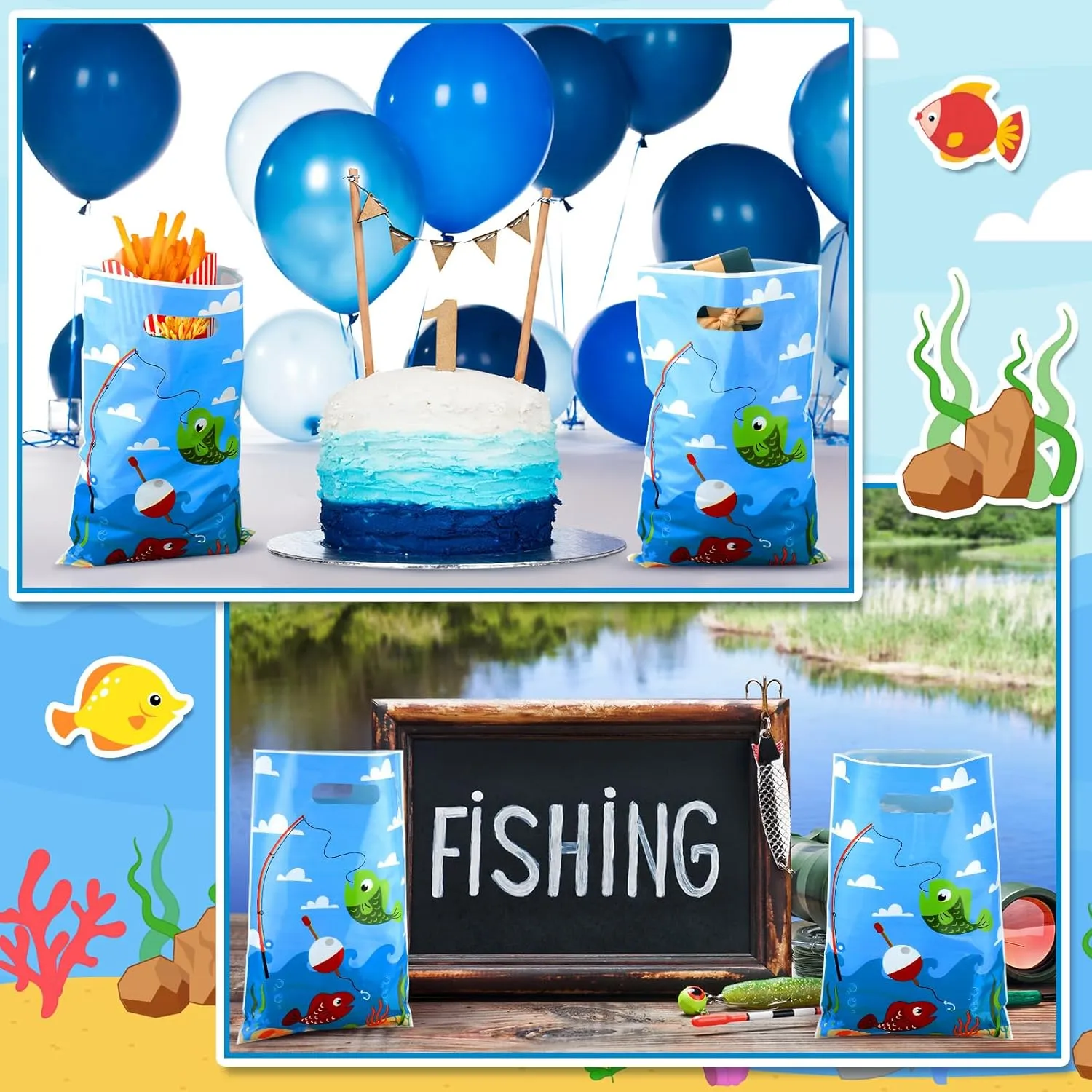 Supervitae 100 Pcs Little Fisherman Party Favors Bags Bulk 8 x 11.8 Inch Plastic Candy Cookies Treat Goody Bags with Handles for Birthday Theme Party Gift Decoration Favor Supplies