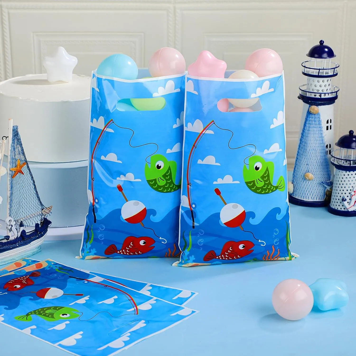 Supervitae 100 Pcs Little Fisherman Party Favors Bags Bulk 8 x 11.8 Inch Plastic Candy Cookies Treat Goody Bags with Handles for Birthday Theme Party Gift Decoration Favor Supplies
